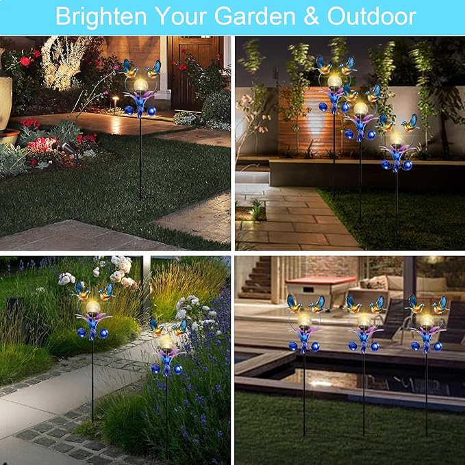 VCUTEKA Solar Lights Outdoor Metal Garden Stake Waterproof Crackle Glass Globe Garden Decor Blue Jay Bird for Pathway, Lawn, Patio, Yard VCUTEKA