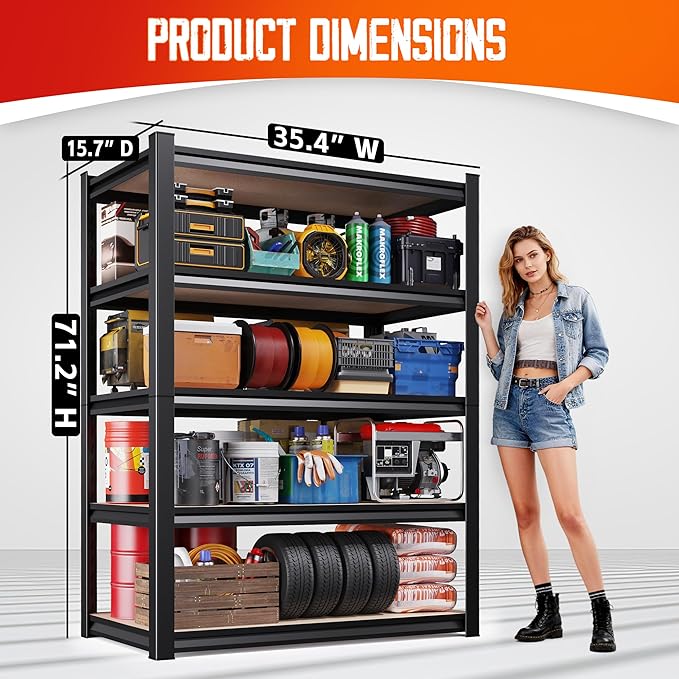 71"H-35"W Garage Shelving-2050LBS 5 Tier Storage Shelves,Adjustable Heavy Duty Metal Shelving Unit and Storage Large Rack,Utility Steel Shelf For Shop Warehouse Industrial Pantry Basement 71"x35"x16" Rootora
