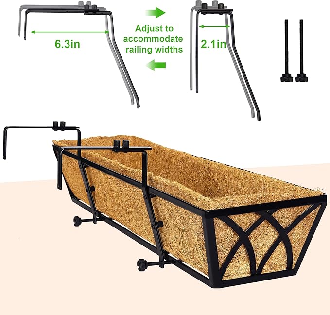 Y&M 24 Inch Window Deck with Coco Liner, Fence Metal Hanging Flower Planter Window Basket Deck Railing Planter Boxes for Outdoor Garden Lawn,6pcs YM