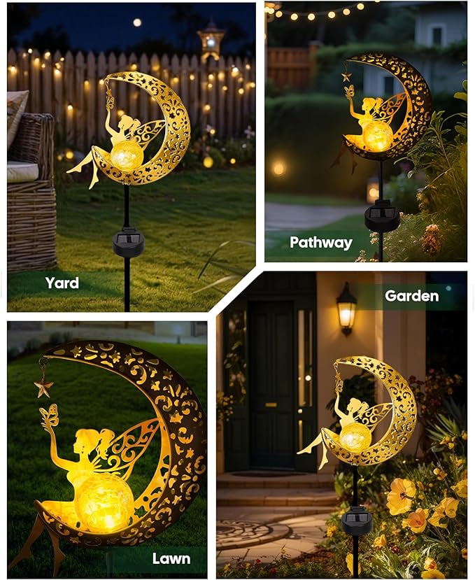 Solar Garden Statues Outdoor Decor, Fairy Moon Figurine Light Stake, Housewarming Ornament for Patio, Lawn, Yard, Pathway - Unique Gift Ideas for Gardening Mom Grandma Vuees