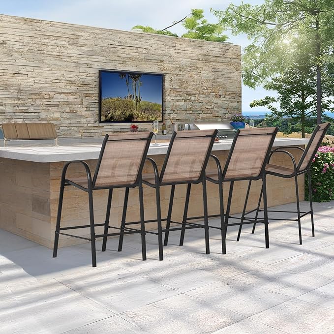HOMREST Outdoor Bar Height Stools Set of 4,High Back Patio Chairs with Armrests,Textilene Chairs with Breathable Fabric & Metal Frame for All Weather,Brown HOMREST