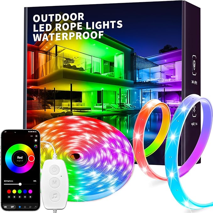KSIPZE Outdoor LED Rope Lights,IP68 Waterproof Outside Led Lights with Smart App,Music Sync RGB Exterior Led Strip Lights for Roof，Balcony,Deck,Pool (40ft) KSIPZE