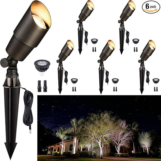 Gardenreet Solid Brass Spot Lights - Low Voltage Landscape Spotlight Outdoor, 12V LED Uplights Wired Waterproof, Electric Bronze for Patio Wall with 5000K Daylight MR16 Bulb (6 Pack) Gardenreet