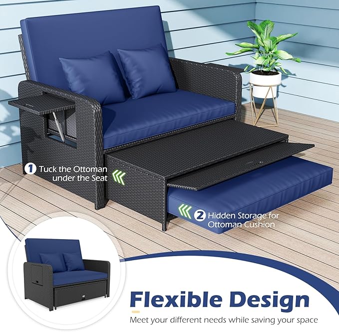 Tangkula Patio Rattan Daybed with 4-Level Adjustable Backrest, Outdoor PE Wicker Loveseat with Storage Ottoman & Folding Side Tray, Double Sunbed Lounger for Balcony, Backyard & Poolside (Navy) TANGKULA