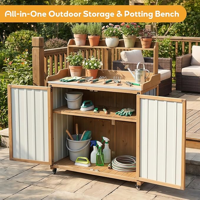 Potting Bench Table & Outdoor Storage Cabinet with Lockable Wheels, Adjustable Shelves, Mobile Waterproof Metal Top Workstation for Garden Patio BBQ Organization, Magnetic Latch & Edge Guard PETSCOSSET