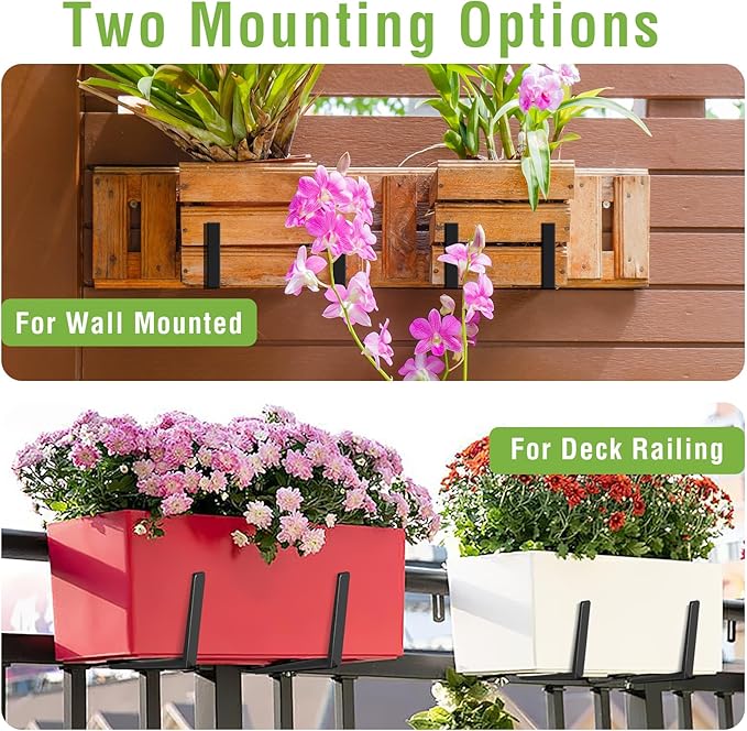 Window Box Brackets, Adjustable Hanging Railing Planter Box Brackets, Heavy Duty Wall Mount Iron Flower Box Holder for Outdoor Windowsill, Balcony, Garden, and Fence (2 Pack) NouraVita
