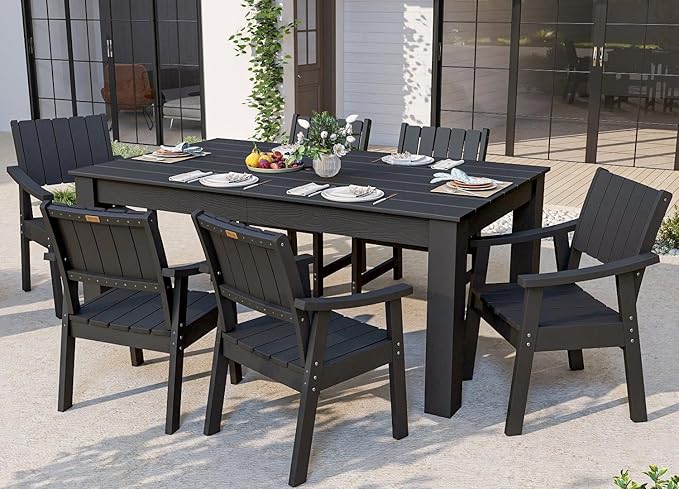 ZHUSI Patio Table and Chairs Set, Outdoor Table and Chairs,HDPE Outdoor Dining Set with Umbrella Hole for Backyard, Poolside, Porch (Black, 7 PC) ZHUSI