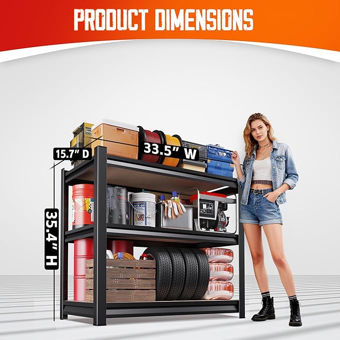 Set of 4 Garage Shelving,3 Tier Garage Storage Shelves,Adjustable Heavy Duty Metal Shelving Units and Storage Large Rack,Utility Steel Shelf For Shop Warehouse Industrial Pantry Basement 33"x35"x16" Rootora