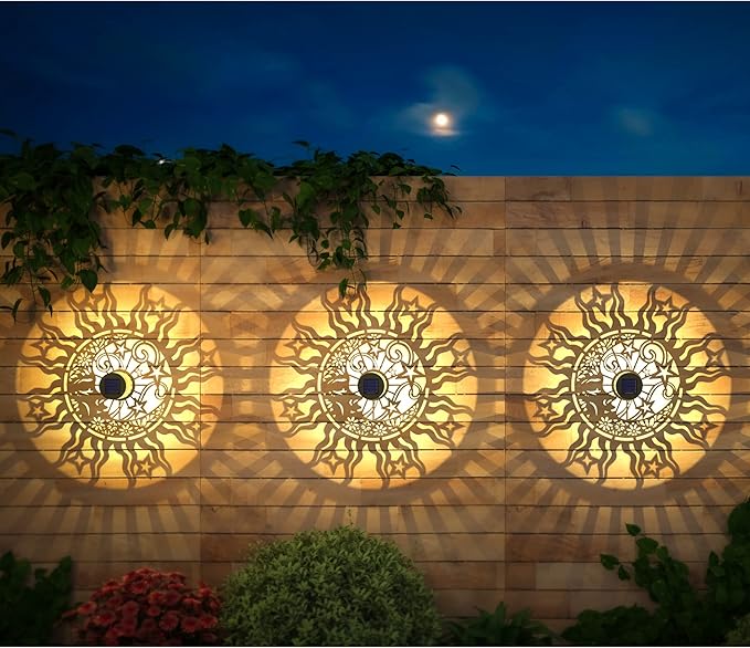4 Pack Solar Fence Lights Metal Solar Powered Outdoor Wall Deck Lights Sun Moon Theme Waterproof Fence Light for Garden Post Patio Backyard Yard Decor (Face, 4 Pack) gardencave