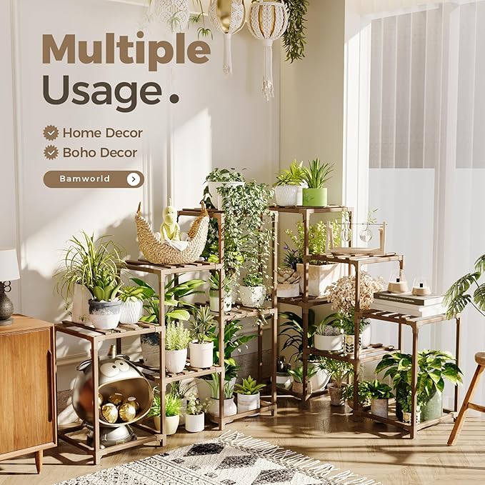 Bamworld 2 Sets of Package Plant Stands Indoor Wood Plant Shelf Outdoor Tiered Plant Rack for Multiple Plants Ladder Plant Holder Plant Table for Plant Pots Boho Home Decor for Gardening Gifts Bamworld