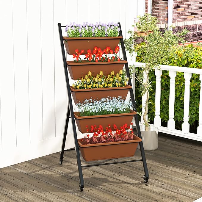 Giantex 2 Pcs Vertical Planter Raised Bed on Wheels, Elevated Garden Beds with Water Drainage Hole, Freestanding 5 Container Boxes for Herb Vegetables Flowers Growing, Outdoor Indoor Patio Balcony Giantex