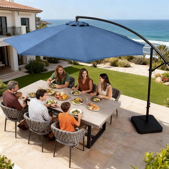 OLILAWN 10ft Patio Umbrella with Base Included, Outdoor Offset Cantilever Umbrella Upgraded Yarn-dyed Fabric Shade, Sturdy 8 Rids,360 Degree Rotation & Easy Tilt Adjustment, for Pool Deck Porch Backyard Garden,Sapphire OLILAWN