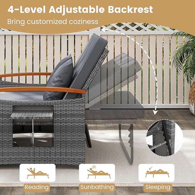 Tangkula Patio Rattan Daybed with 4-Level Adjustable Backrest, Outdoor Wicker Loveseat with Acacia Wood Armrest, Storage Ottoman & Folding Tray, Double Sunbed for Balcony, Backyard & Poolside (Grey) TANGKULA