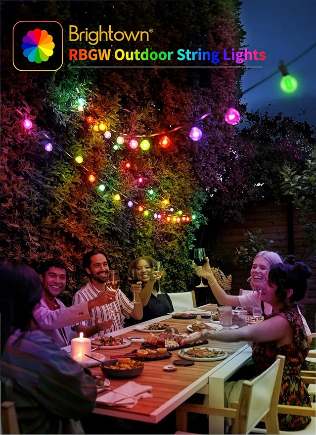 Brightown RGBW Outdoor String Lights, 58FT LED Patio Lights with Remote and Timer, Commercial Grade Waterproof Hanging Lights with 27 Shatterproof Bulbs(2 Spare) for Backyard Porch Garden Party Decor Brightown