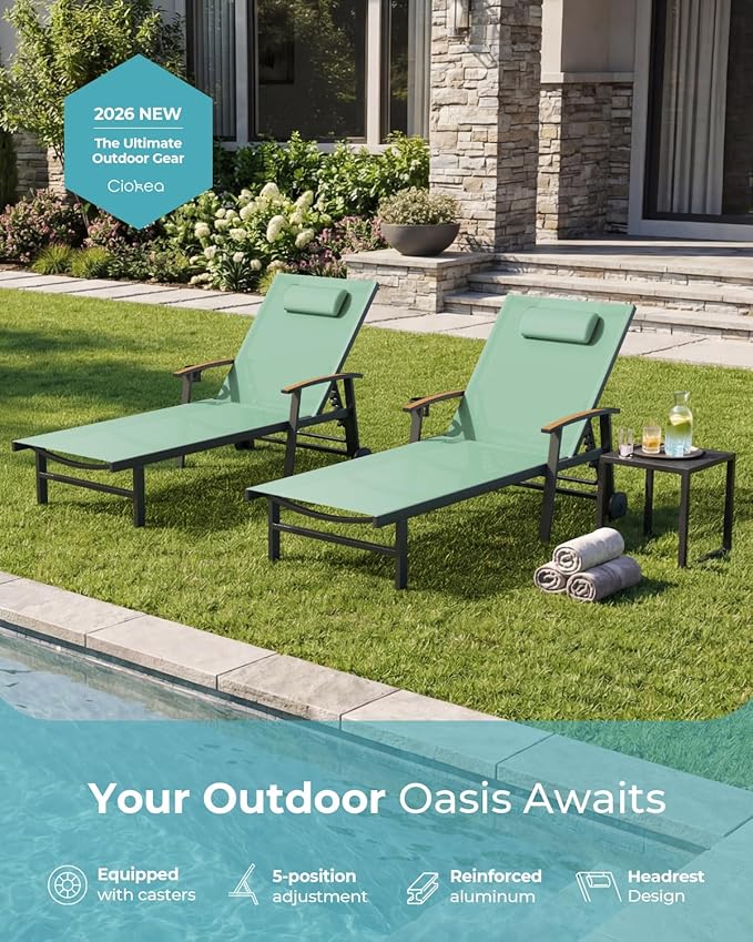 Ciokea Outdoor Lounge Chair with Pillow Set of 4, 5-Position Chaise Lounge with Wheels & Armrests, 400 lbs Heavy Duty Aluminum Pool Lounge Chairs, for Beach, Deck, Poolside & Backyard, Light Green CIOKEA