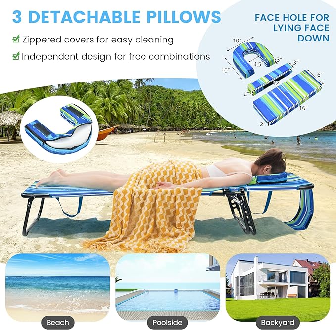 GYMAX Tanning Chair, 350lbs Beach Lounge Chair with Face Hole, Washable Pillow & Carry Strap, Adjustable Folding Chaise Lounge, Layout Lounger for Outside, Patio, Poolside, Lawn (2, Stripe) GYMAX