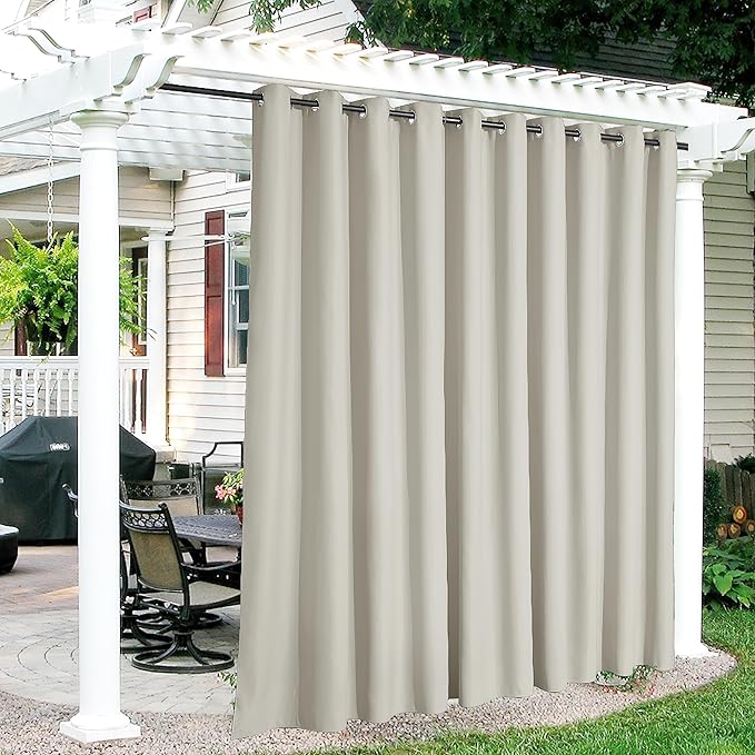 RYB HOME Extra Wide Outdoor Curtains for Patio Waterproof Heavy Duty Thermal Insulated in Summer Full Coverage Privacy for Porch, Cabana & Pool, W150" x L84", Natural, 1 Panel RYBHOME