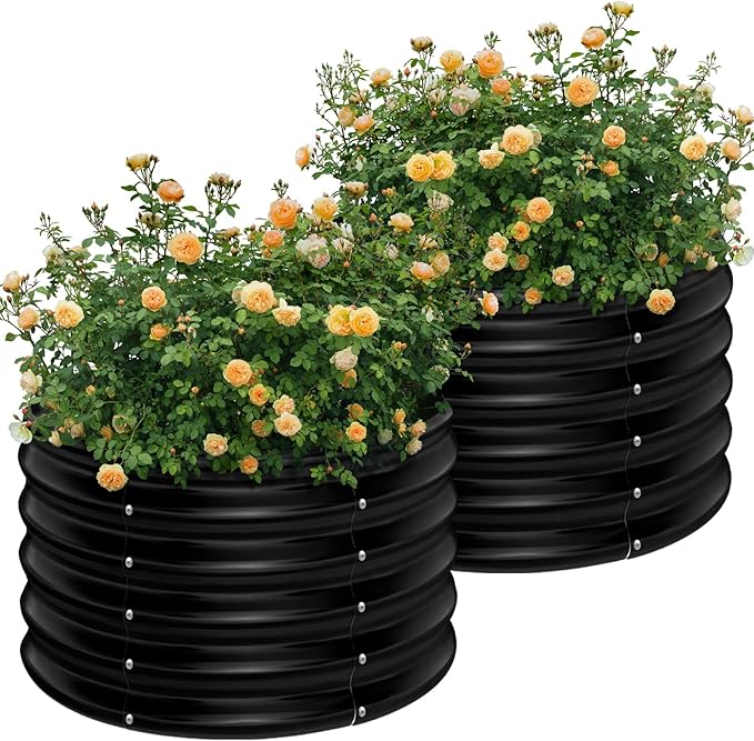 AHEONLAR 2 Pack 2x2x1.5ft Round Galvanized Raised Garden Bed Outdoor Metal Planter Box for Vegetables Steel Raised Beds for Gardening Black AHEONLAR