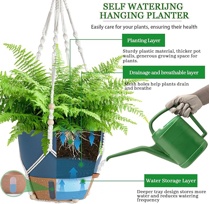 Hanging Planter Self Watering 10 Inch, 2 Pack Hanging Baskets for Plants, Hanging Flower Pots with Drainage Hole & 2 Kinds of Plant Hangers for Garden Home Decor (Navy Blue, 10 Inch) Fielda
