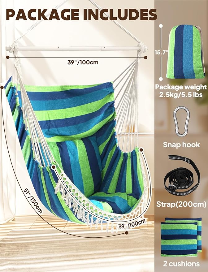 Chihee Hammock Chair Hanging Swing Max 500 Lbs 2 Cushions Included Metal Spreader Bar with Anti-Slip Grooves Portable Hanging Chair Side Pocket Large Macrame Bohemian Chair Indoor Outdoor Chihee