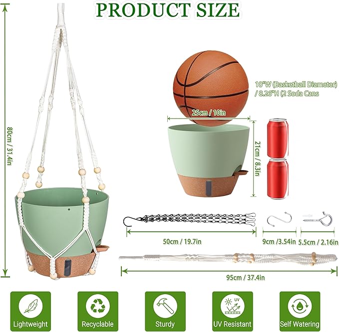 10 Inch Hanging Planters for Indoor Plants, 2 Pack Self Watering Hanging Baskets Flower Pots with Drainage Hole, Visual Reservoir & 2 Kinds of Plant Hanger for Home Decor Fielda
