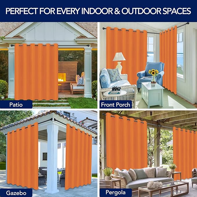 PureFit Outdoor Curtains for Patio Waterproof Weatherproof, UV Resistant Outside Curtains for Gazebo, Front Porch, Pergola, Sun Blocking Privacy Curtain, 100W x 84L inch, 1 Panel, Orange PureFit