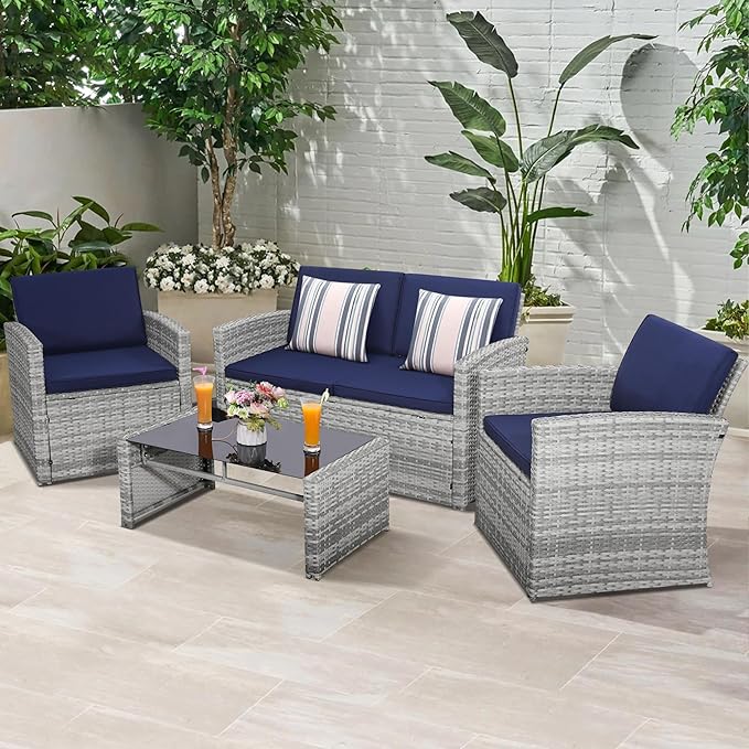 4-Piece Patio Furniture Set, Wicker Outdoor Rattan Sectional Sofa with Cushions and Glass Table, All-Weather Outdoor Conversation Set, Ideal for Garden, Porch, Backyard, Navy KROFEM
