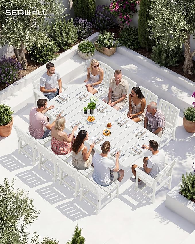 SERWALL Outdoor Expandable Dining Table 60" - 83", Patio Dining Table for 4-10 People, All Weather HDPE and Aluminum Outdoor Furniture for Backyard, Garden, White SERWALL