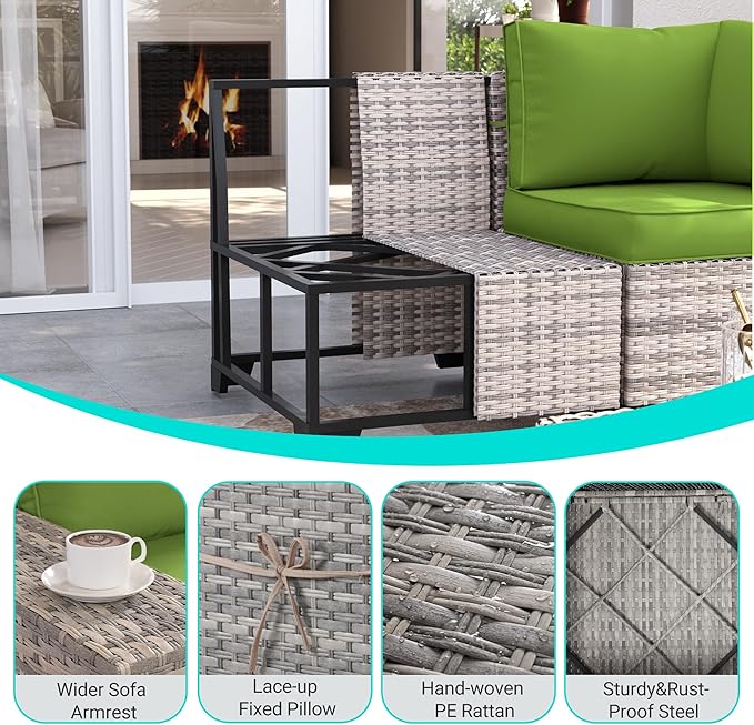 16-Piece Outdoor Patio Furniture Set with Rocking Swivel Chair, PE Wicker Rattan Sectional Sofa Patio Conversation Set with 55,000 BTU Fire Pit Table & Coffee Table, LAvocado Green MuphyersPatioFurniture