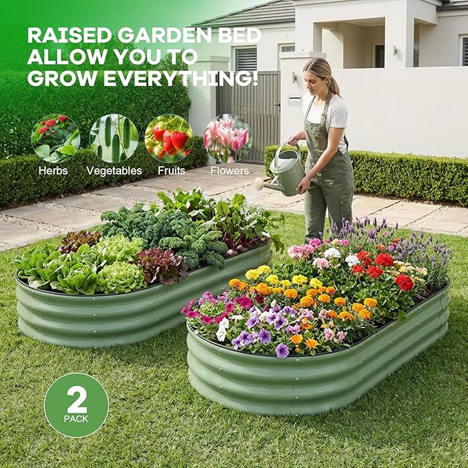 Galvanized Raised Garden Bed Outdoor, 6x3x1ft Oval Metal Raised Beds for Gardening, Rust-Resistant Garden Planter Box for Planting Vegetables, Flowers, Fruits in Lawn(Olive Green, 2 Packs) HEALSTOK