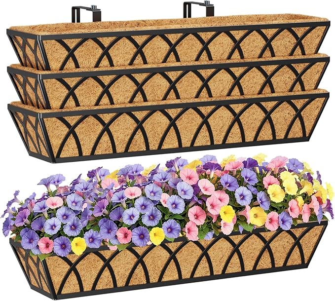 HFHOME 4 Pcs 30" Window Box Deck Railing Planter with Horse Trough Coco Liners, Black Metal Hanging Flower Planters Baskets for Indoor, Outdoor, Balcony, Porch, Fence, Patio, and Lawn HFHOME