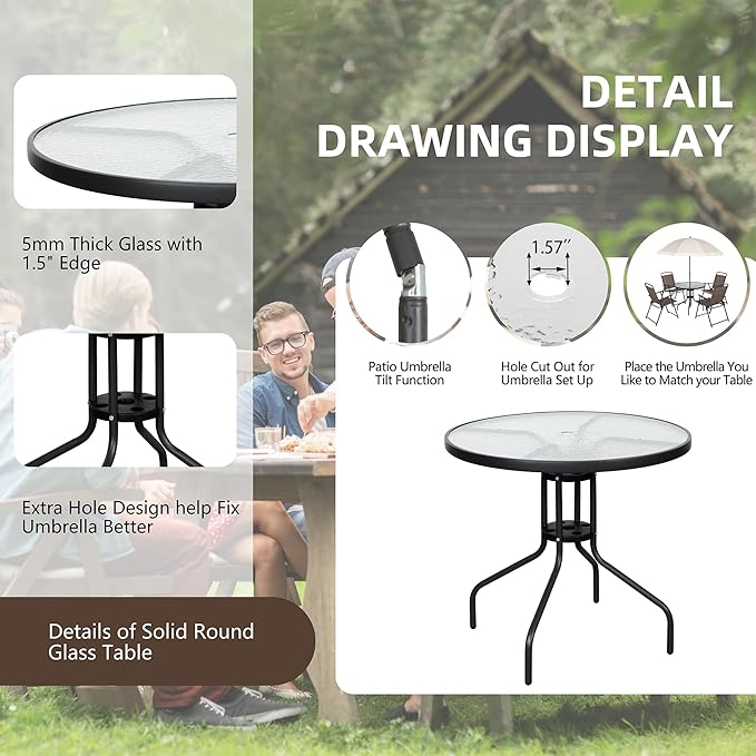 Vongrasig 6 Pieces Folding Patio Dining Set, All Weather Small Metal Outdoor Table and Chairs Set, Patio Furniture Set w/Umbrella, Glass Table & 4 Folding Chairs for Garden, Lawn, Backyard, Brown Vongrasig