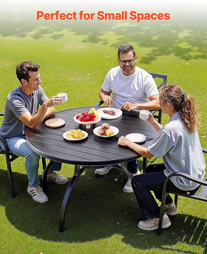 VEVOR Outdoor Patio Dining Table, 47 inch Round Metal Steel Slat Backyard Bistro Tables, with 1.5 in Umbrella Hole, Outside All-Weather Large Furniture for Lawn Garden Porch, Black VEVOR