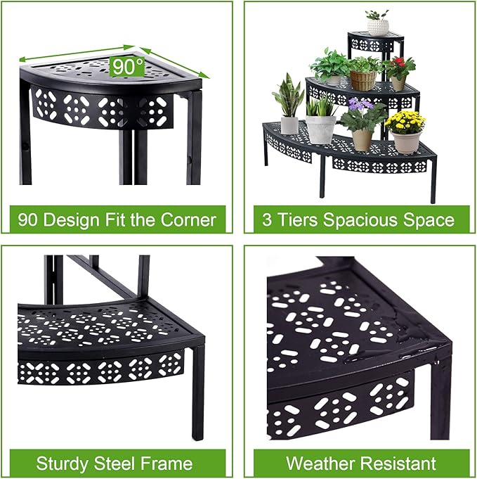3 Tier Plant Stand Semi-Circular Flower Pot Organizer Rack Quarter Round Plant Display Holder Outdoor Storage Shelves Metal Corner Shelf Planter Shelving Ladder Plant Stand for Indoor Use(Black) Garden4you