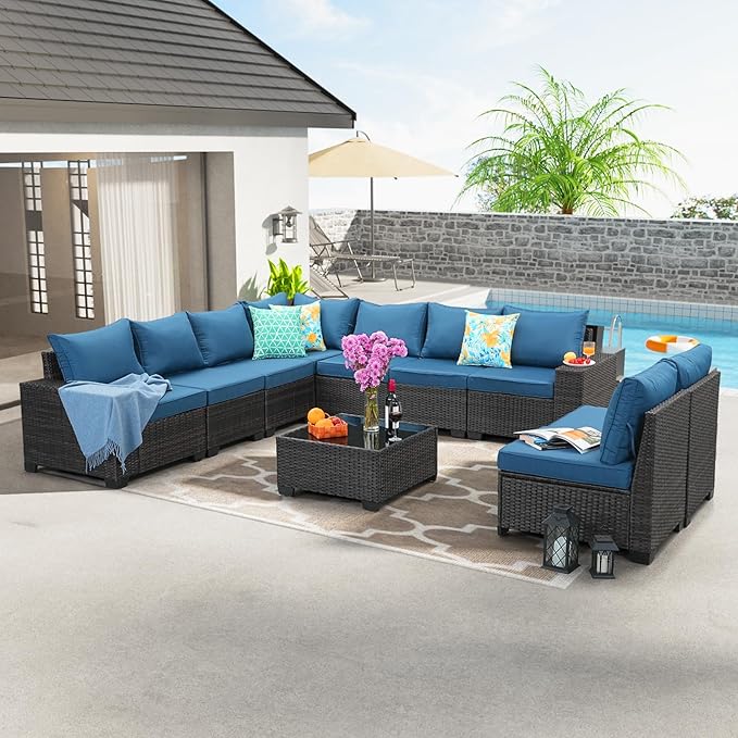 10 Pieces Patio Furniture Set All-Weather Outdoor Wicker Sectional Conversation Sofa Rattan Patio Seating Sofa with Cushion and Glass Table for Porch Poolside,Peacock Blue JOYURE