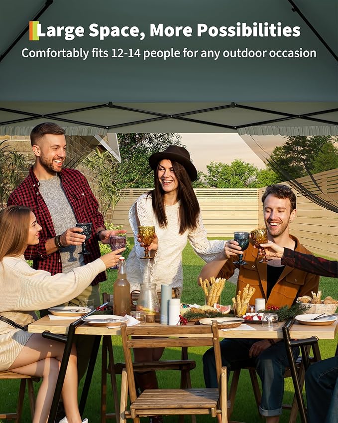 Canopy Tent 13x13 ft, Pop Up Gazebo One-Push Setup with 4 SandBags for Backyard Parties and BBQs, Mosquito Netting & Height Adjustable - Green GarveeLife