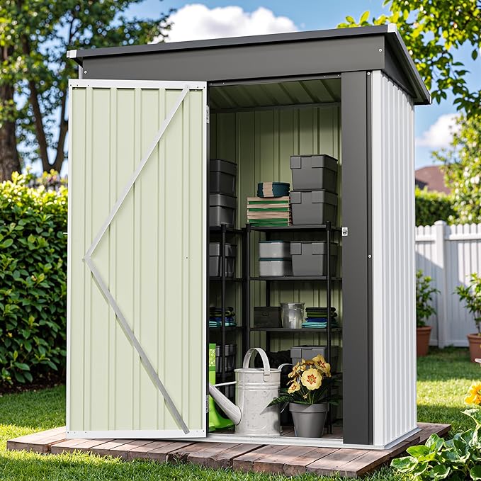 Patiowell 5x3 FT Outdoor Storage Shed, Garden Tool Shed with Sloping Roof and Lockable Door, Metal Shed for Backyard Garden Patio Lawn, White Patiowell