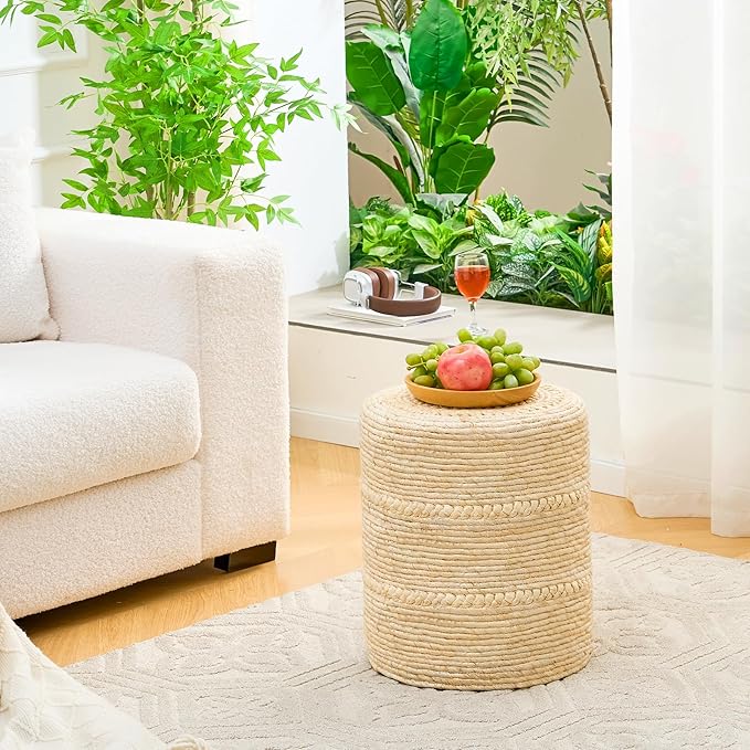 Wimarsbon Natural Seagrass Foot Stool, Hand Weaving Round Ottoman, for Living Room, Outdoor Seat (Beige Corn) Wimarsbon
