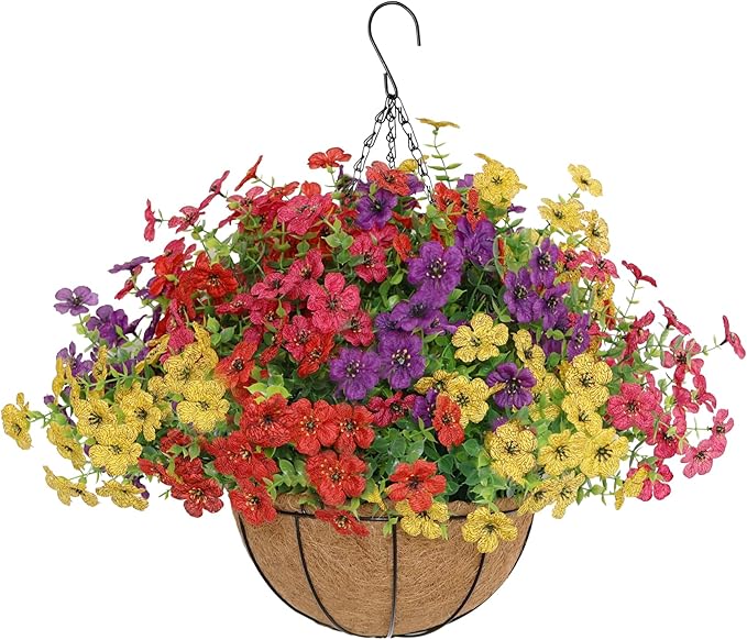 Senjie 12 Bundles Artificial Hanging Flowers with Basket for Outdoor Decor, UV Resistant Faux Flowers Fake Hanging Planter for Porch Patio Balcony Senjie