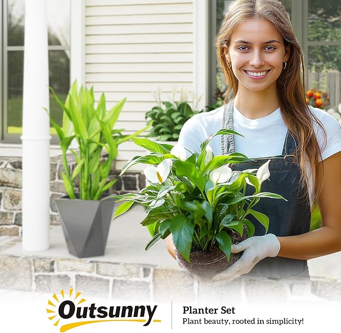 Outsunny Set of 3 Tall Planters, 18", 15.25", 11.75", MgO Indoor Outdoor Planters with Drainage Holes, Stackable Flower Pots for Garden, Patio, Balcony, Front Door, Gray Outsunny