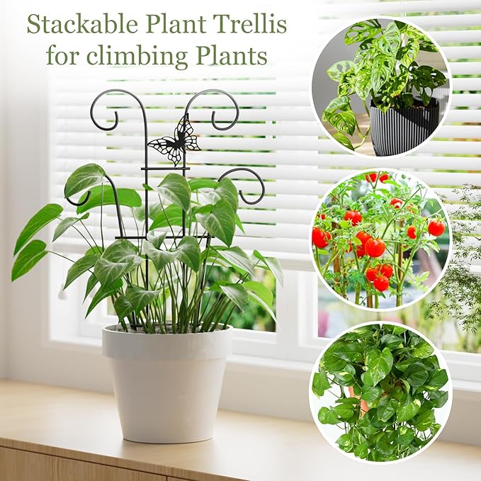 Indoor Plant Trellis for Climbing Plants, Stackable Garden Trellis for Potted Plants, Small House Plant Trellis for Vine Ivy Flower Plant Support Outdoor DIY Metal Trellis 3 Pack, Butterfly Design Ailibre