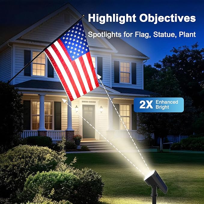 Solar Lights Outdoor Waterproof IP65, Super Bright LED with Lens, 6500K 2 Lighting Modes, Solar Powered Yard Garden Solar Spot Lights for Outside Landscape Auto On/Off -2 Pack JEJOT