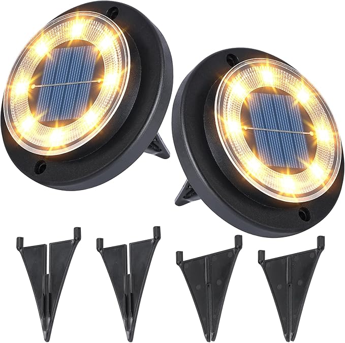 Flacchi Solar Lights Outdoor - Solar Powered Ground Lights Outdoor Solar Disk Light Waterproof Landscape Light for Patio Yard Pathway Walkway Driveway (Warm White, 2 Pack) Flacchi