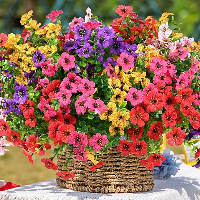 Artificial Flowers for Outdoor, UV Resistant Fake Silk Flowers, Realistic Faux Plants for Outside Indoor Porch Patio Window Box Planter Home Decor (14, Yellow Purple Rosy Red) Welcometothetrytuny