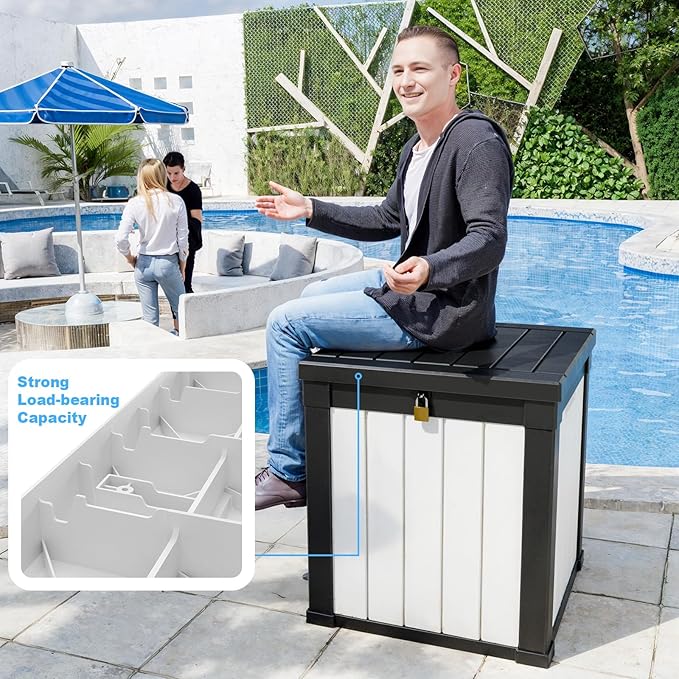 EasyUp 50 Gallon Outdoor Storage Box, Resin Waterproof UV-Resistant Deck Box, Reinforced Stability for Patio, Garden, and Poolside, Striped Black & White EASYUP