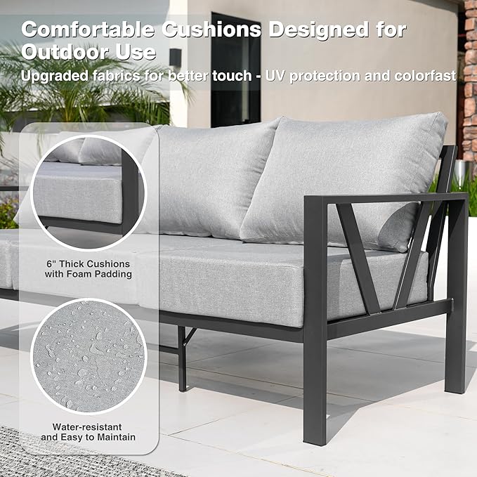 Outdoor Patio Furniture Set, 4 Pieces Metal Patio Furniture Set with Coffee Table, Modern Outdoor Patio Conversation Seating Set with 6” Thick Cushions, Light Grey COMLAXFIELD