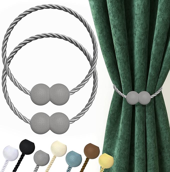 Hion Magnetic Curtain Tiebacks Grey 2pcs, Curtain Tiebacks Buckles Holdbacks Holders Hooks Clip for Home Bedroom Office Decorative Curtain Hion