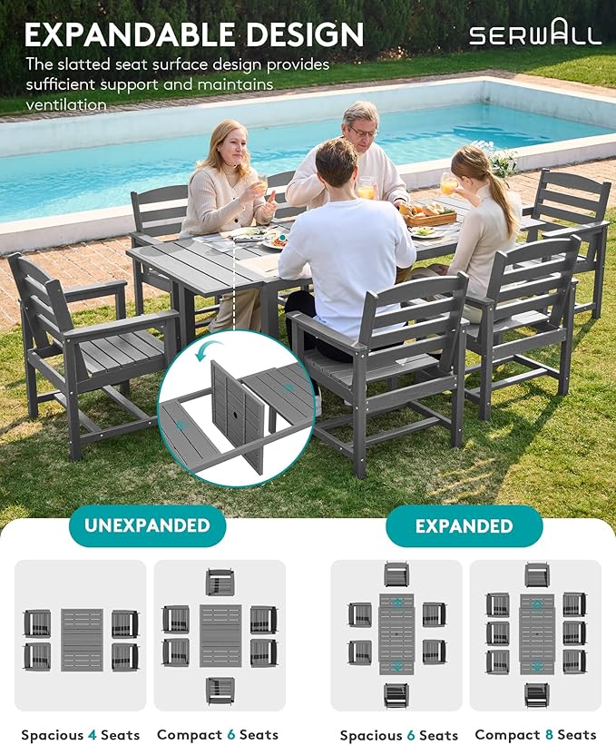 SERWALL 7-Piece Patio Dining Sets, 60" - 83" Expandable Outdoor Dining Table and 6 HDPE Chairs, All Weather HDPE Outdoor Furniture Set for Backyard, Garden, Grey SERWALL