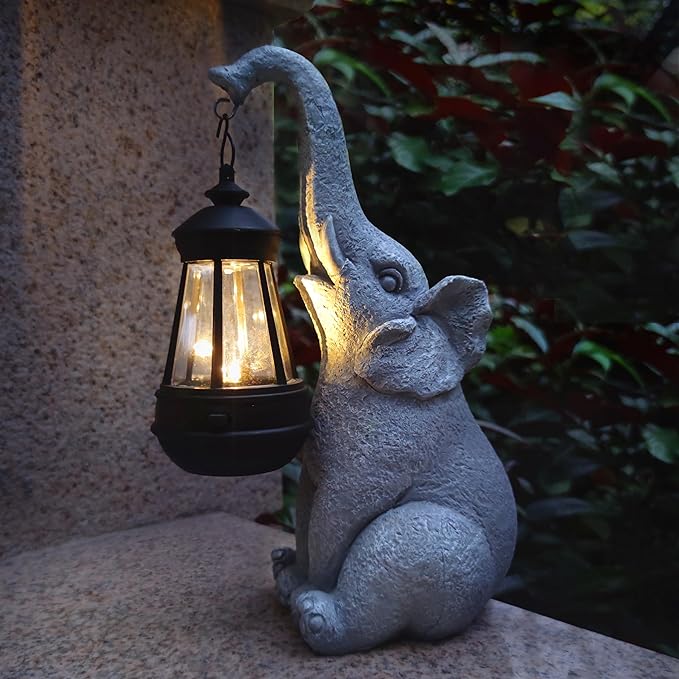 Elephant Solar Garden Statues,Resin Elephant Figurine Decorations with Solar Lights Lantern, Outdoor Figurines Lawn Garden Statue Decor Art for Lawn,Yard, Balcony Ornament. Qobumy