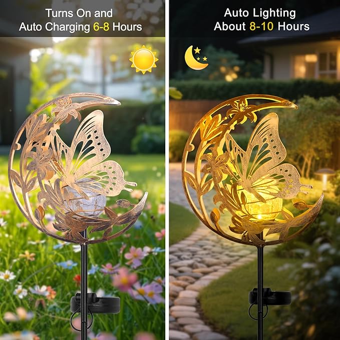 ShangTianFeng Butterfly Lights Outdoor Decor - Moon & Bird SolaGardenLights Waterproof, Auto On/Off Pathway Lighting for Yard/Lawn/Patio, Handcrafted Metal Solar-Stake-Lights for Outside Decorations ShangTianFeng